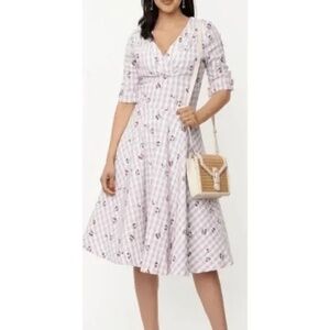 NWT Unique Vintage 1950s Lavender Gingham & Cherries  Swing Dress